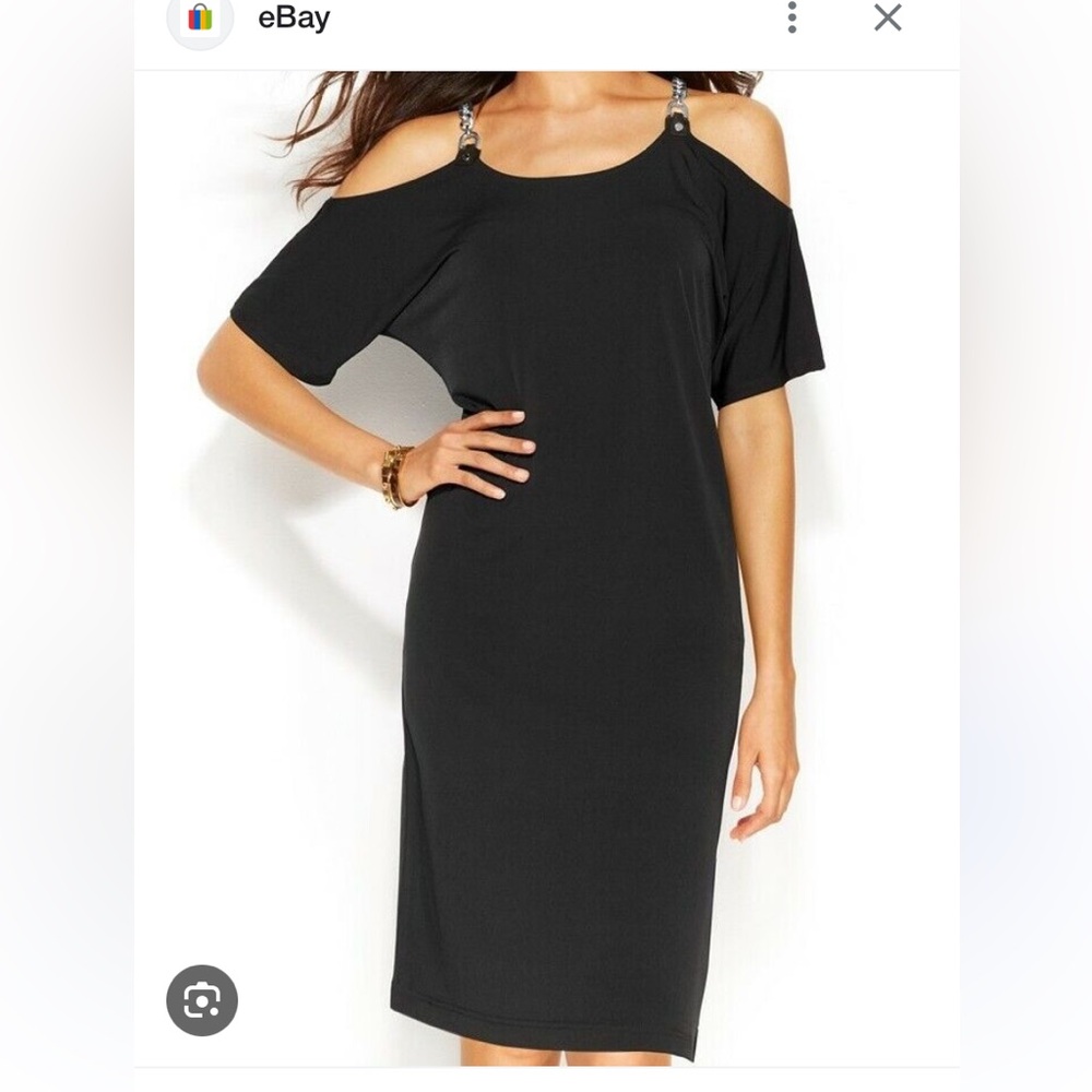 😍 Michael Kors Chain Strap Cold Shoulder Sheath Dress Black Small!